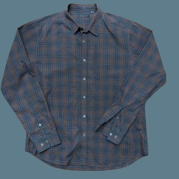 Theory Regular Fit Button Front Plaid Black Brown Cotton Shirt Men's Size XL - Picture 1 of 8